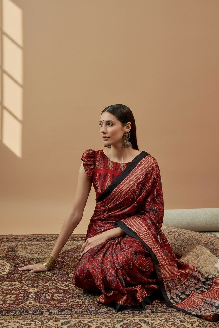 Elegant Maroon Printed Modal Satin Saree with Tassels – Festive Grace | RUDHVIKA By Ankita Fashions