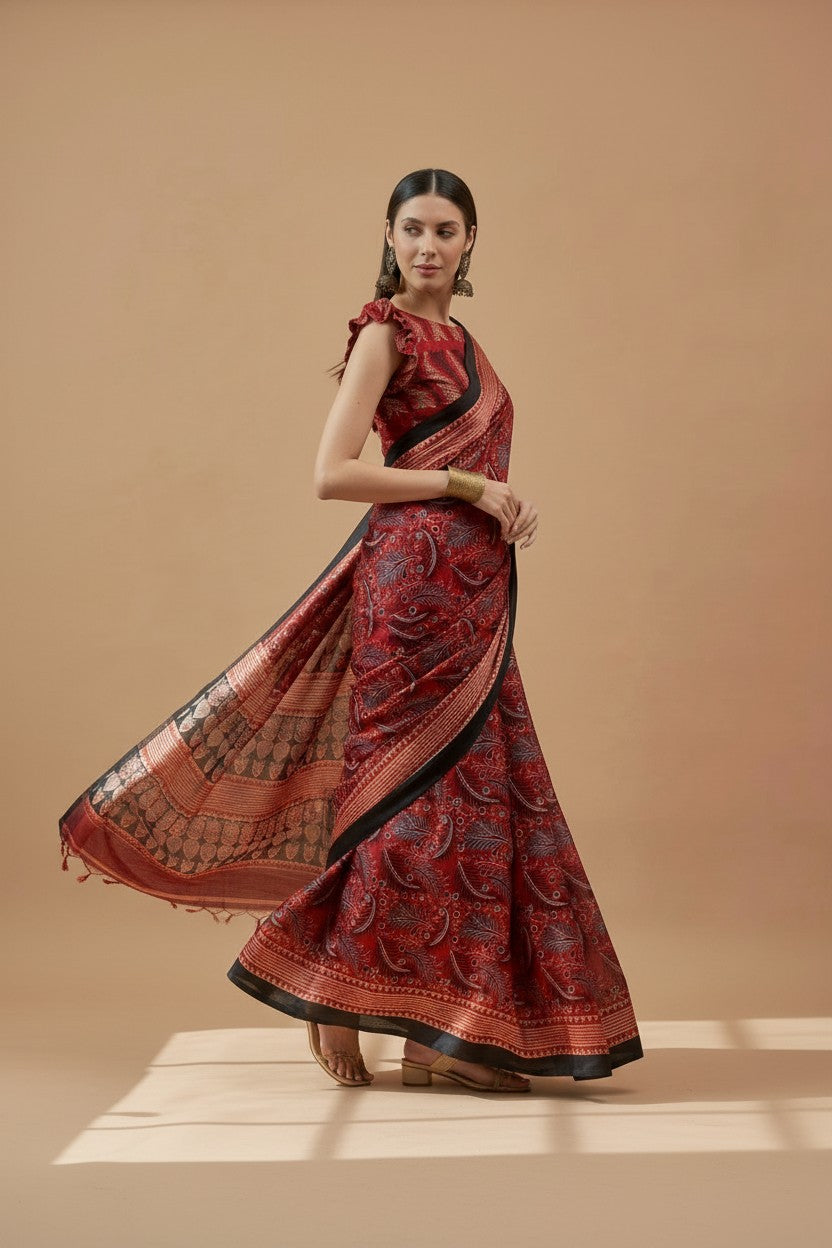 Elegant Maroon Printed Modal Satin Saree with Tassels – Festive Grace | RUDHVIKA By Ankita Fashions