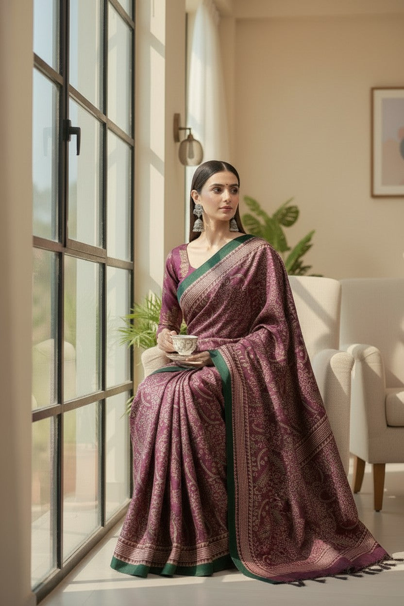 Elegant Wine Printed Modal Satin Saree with Green Border & Tassel Pallu | RUDHVIKA By Ankita Fashions