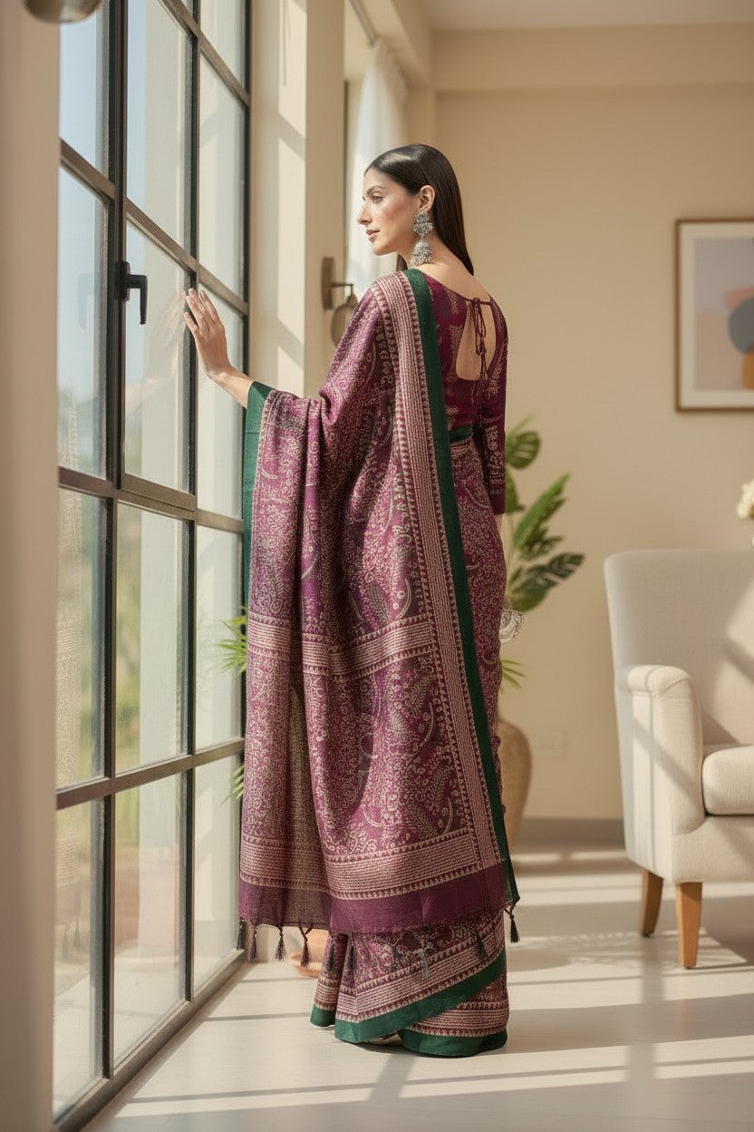 Elegant Wine Printed Modal Satin Saree with Green Border & Tassel Pallu | RUDHVIKA By Ankita Fashions