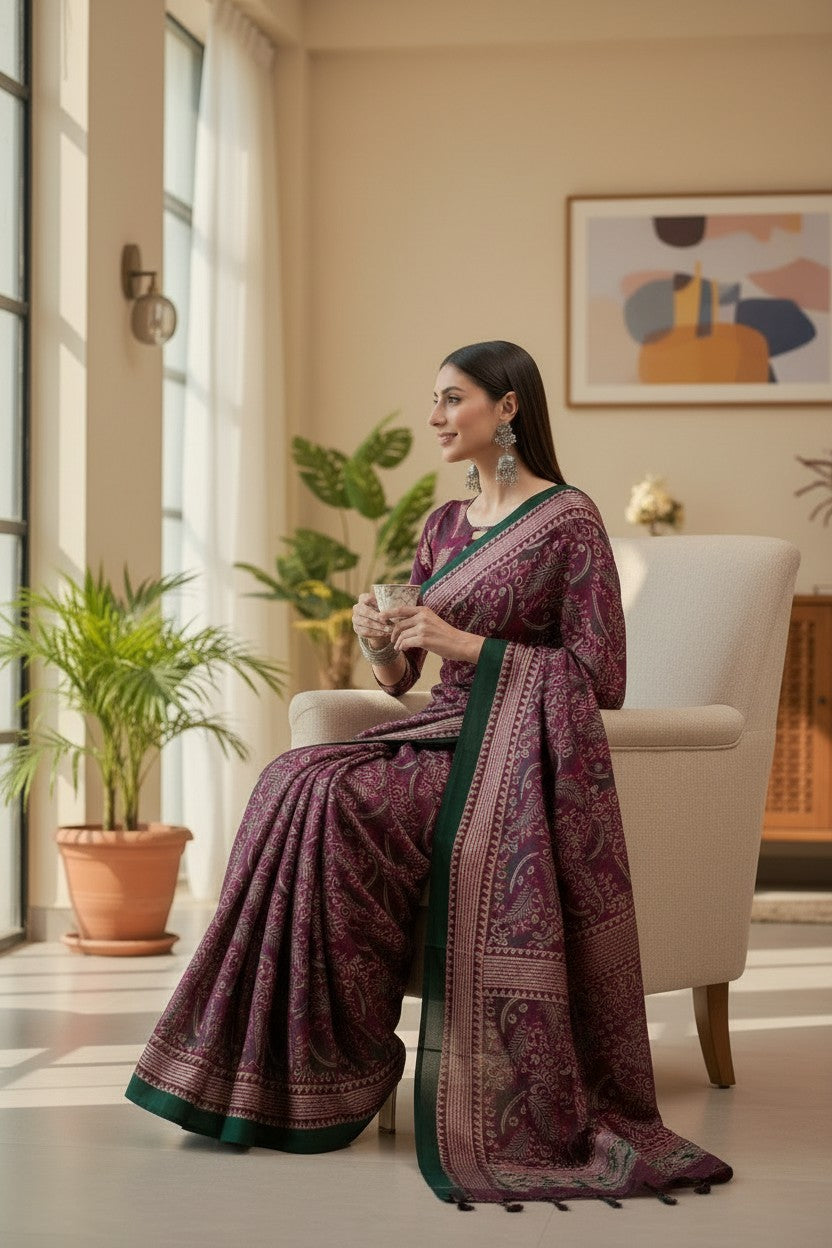 Elegant Wine Printed Modal Satin Saree with Green Border & Tassel Pallu | RUDHVIKA By Ankita Fashions