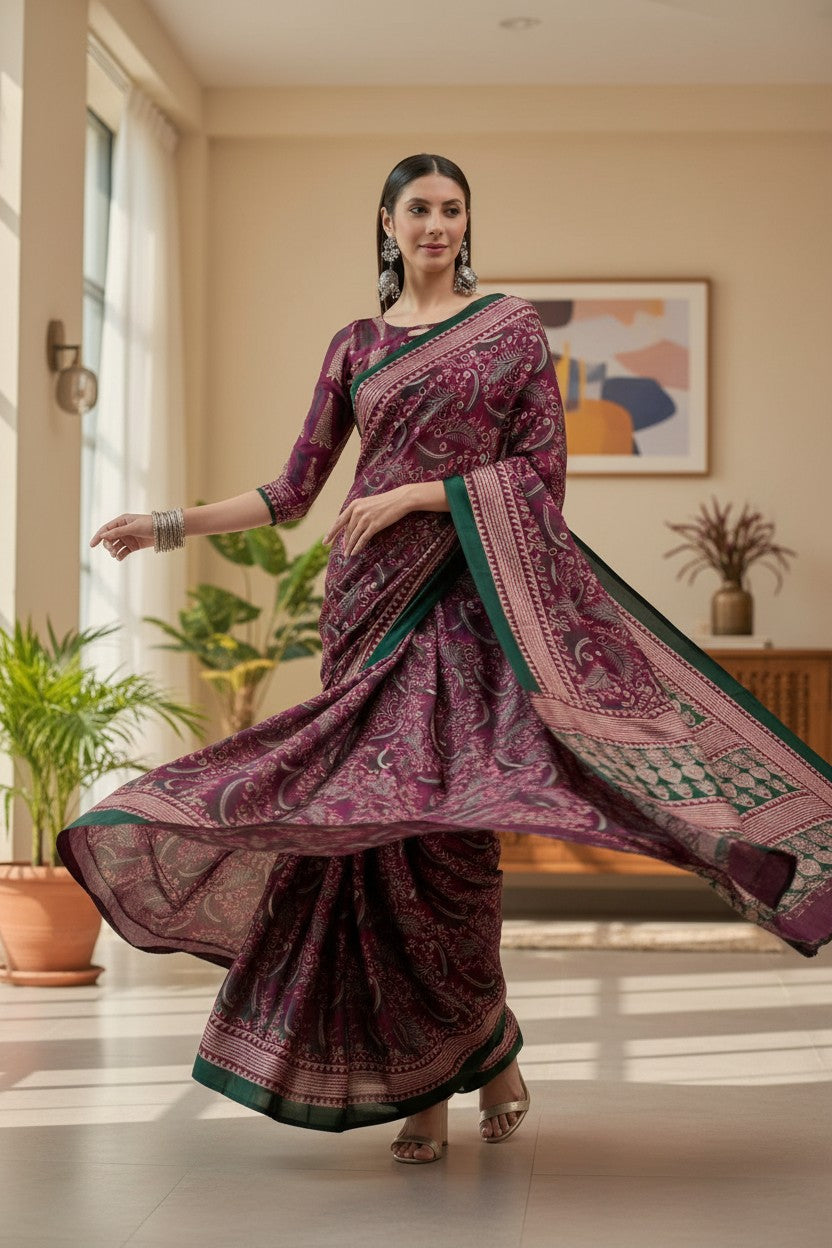 Elegant Wine Printed Modal Satin Saree with Green Border & Tassel Pallu | RUDHVIKA By Ankita Fashions