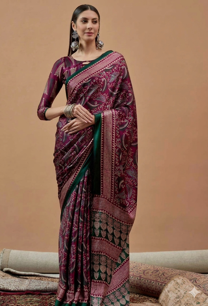 Elegant Wine Printed Modal Satin Saree with Green Border & Tassel Pallu | RUDHVIKA By Ankita Fashions