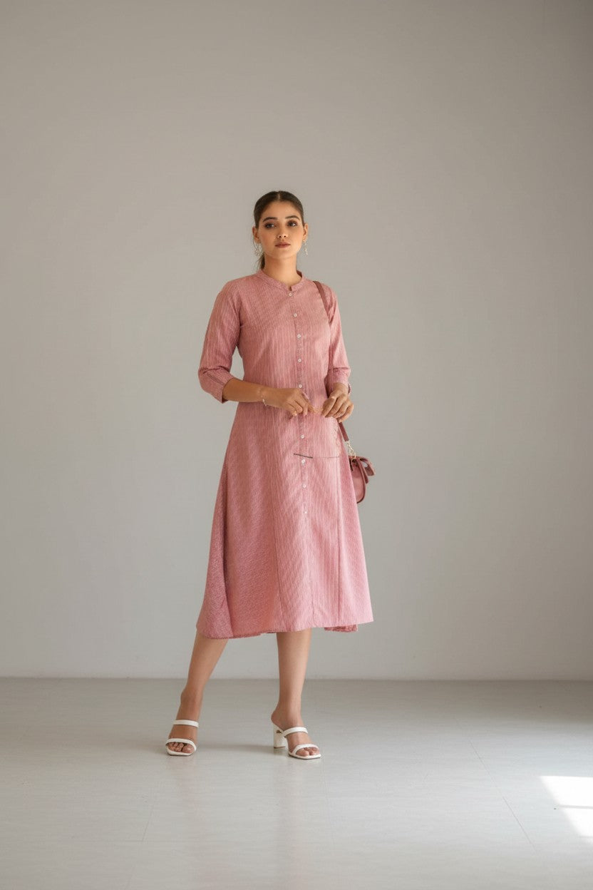 Blush Pink Self-Pattern Flared Kurti Dress | RUDHVIKA By Ankita Fashions