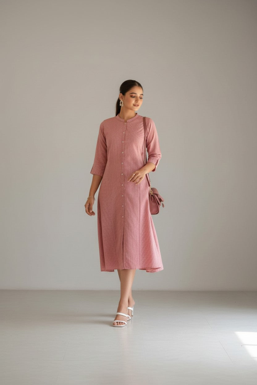 Blush Pink Self-Pattern Flared Kurti Dress | RUDHVIKA By Ankita Fashions