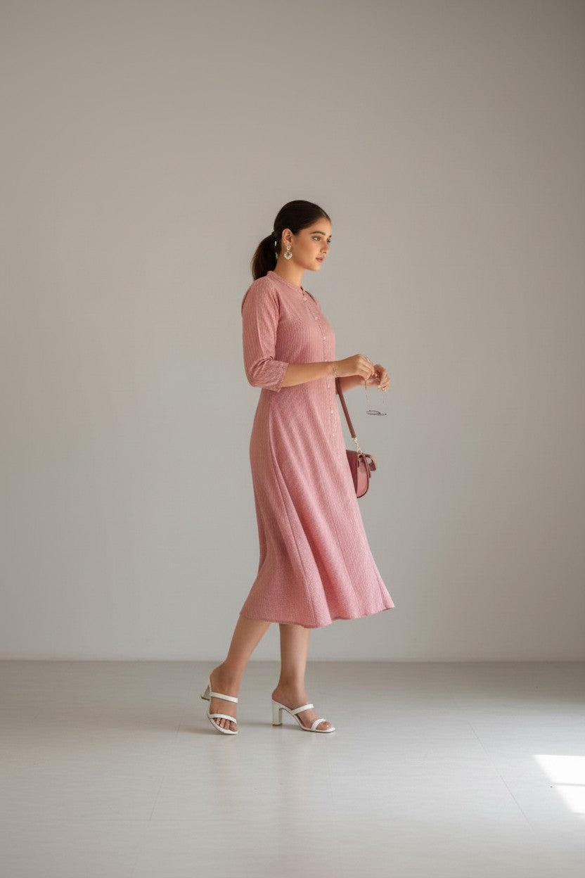 Blush Pink Self-Pattern Flared Kurti Dress | RUDHVIKA By Ankita Fashions