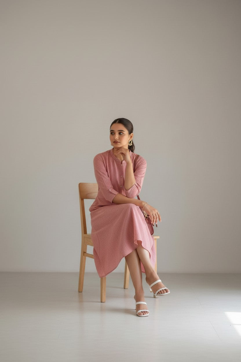 Blush Pink Self-Pattern Flared Kurti Dress | RUDHVIKA By Ankita Fashions