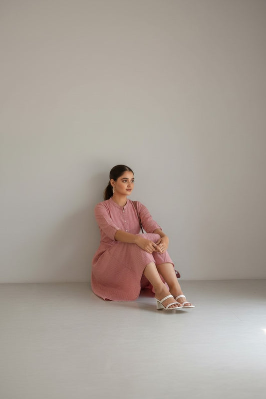Blush Pink Self-Pattern Flared Kurti Dress | RUDHVIKA By Ankita Fashions