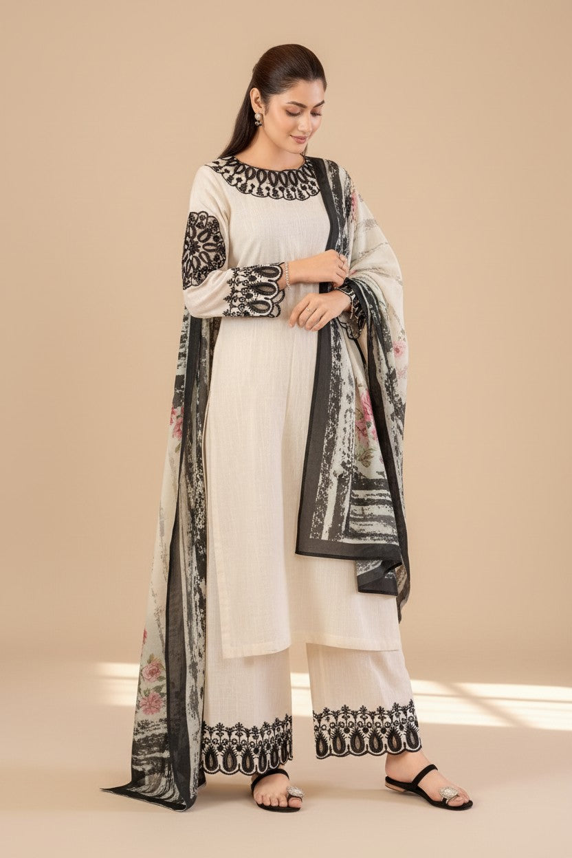Elegant Cream & Black Embroidered Kurta Set with Printed Dupatta for Women