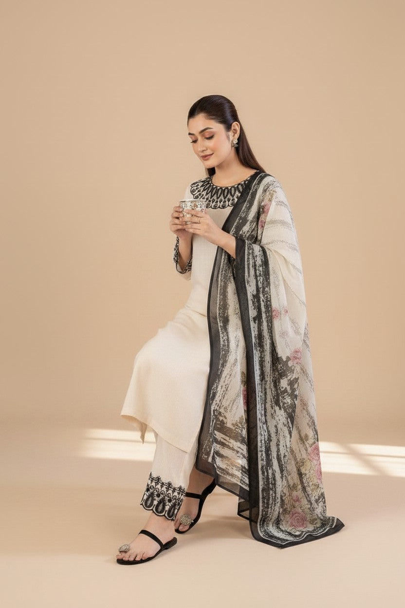 Elegant Cream & Black Embroidered Kurta Set with Printed Dupatta for Women