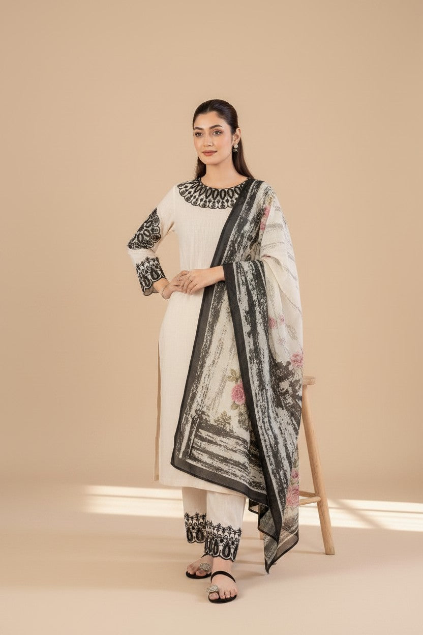 Elegant Cream & Black Embroidered Kurta Set with Printed Dupatta for Women
