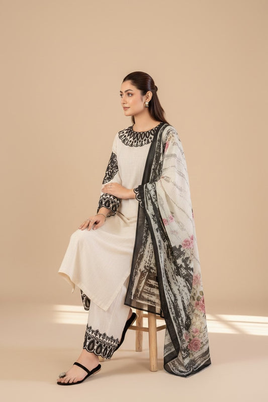 Elegant Cream & Black Embroidered Kurta Set with Printed Dupatta for Women