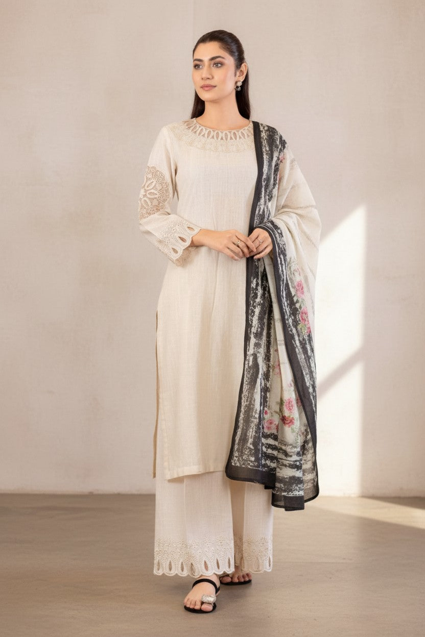 Elegant Cream Embroidered Kurta Set with Printed Dupatta for Women