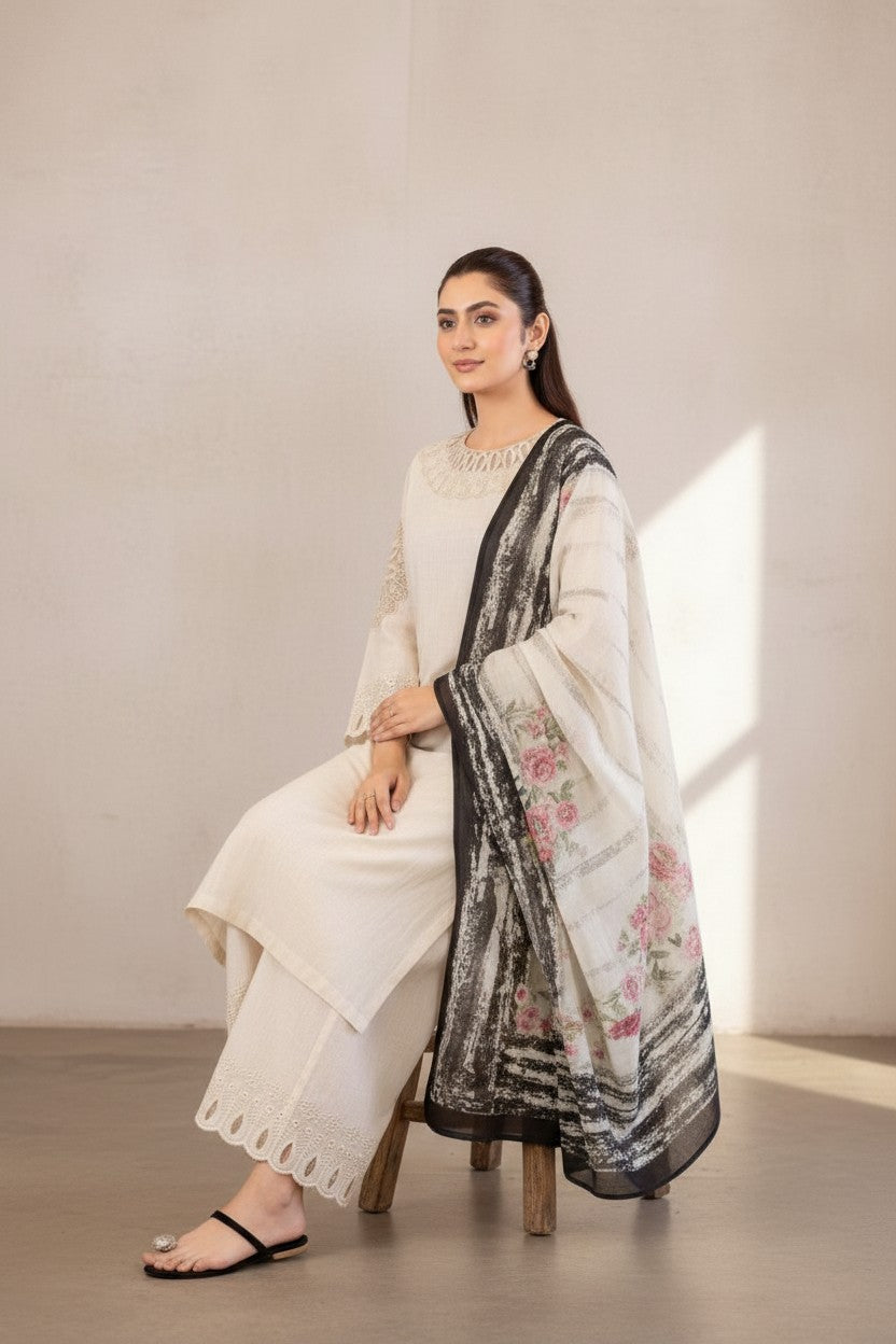 Elegant Cream Embroidered Kurta Set with Printed Dupatta for Women