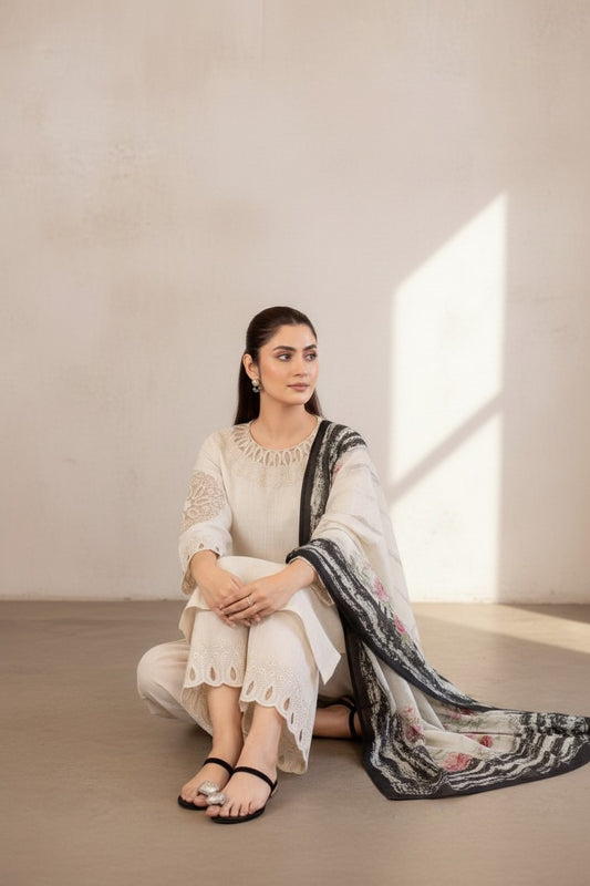 Elegant Cream Embroidered Kurta Set with Printed Dupatta for Women