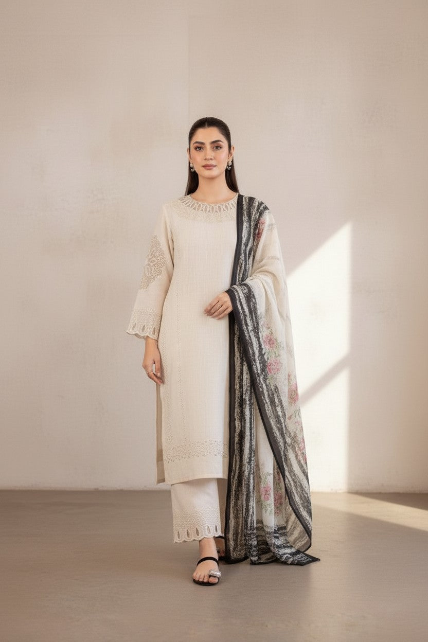 Elegant Cream Embroidered Kurta Set with Printed Dupatta for Women