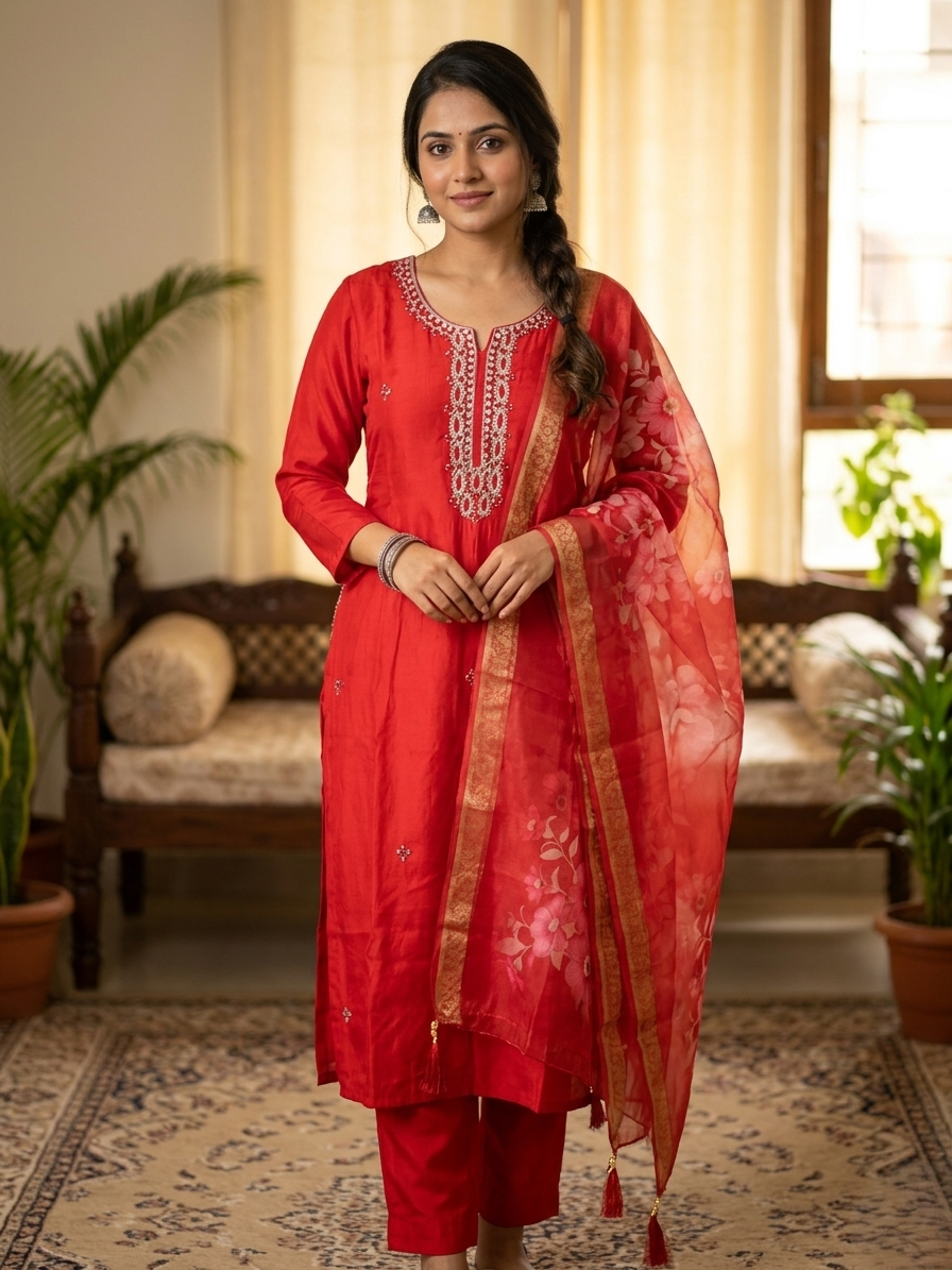 Red Modal Silk Hand-Embroidered Kurta Set with Organza Dupatta and Side Pocket