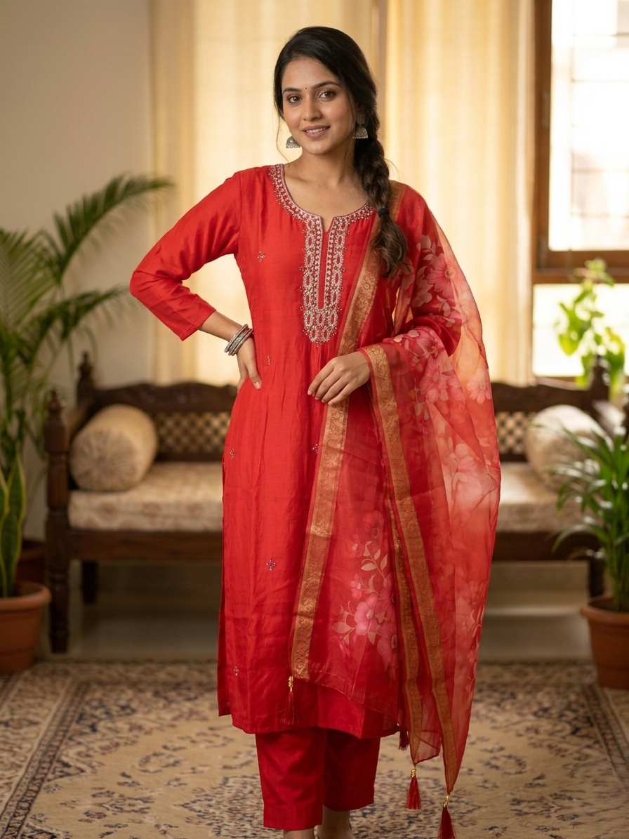 Red Modal Silk Hand-Embroidered Kurta Set with Organza Dupatta and Side Pocket
