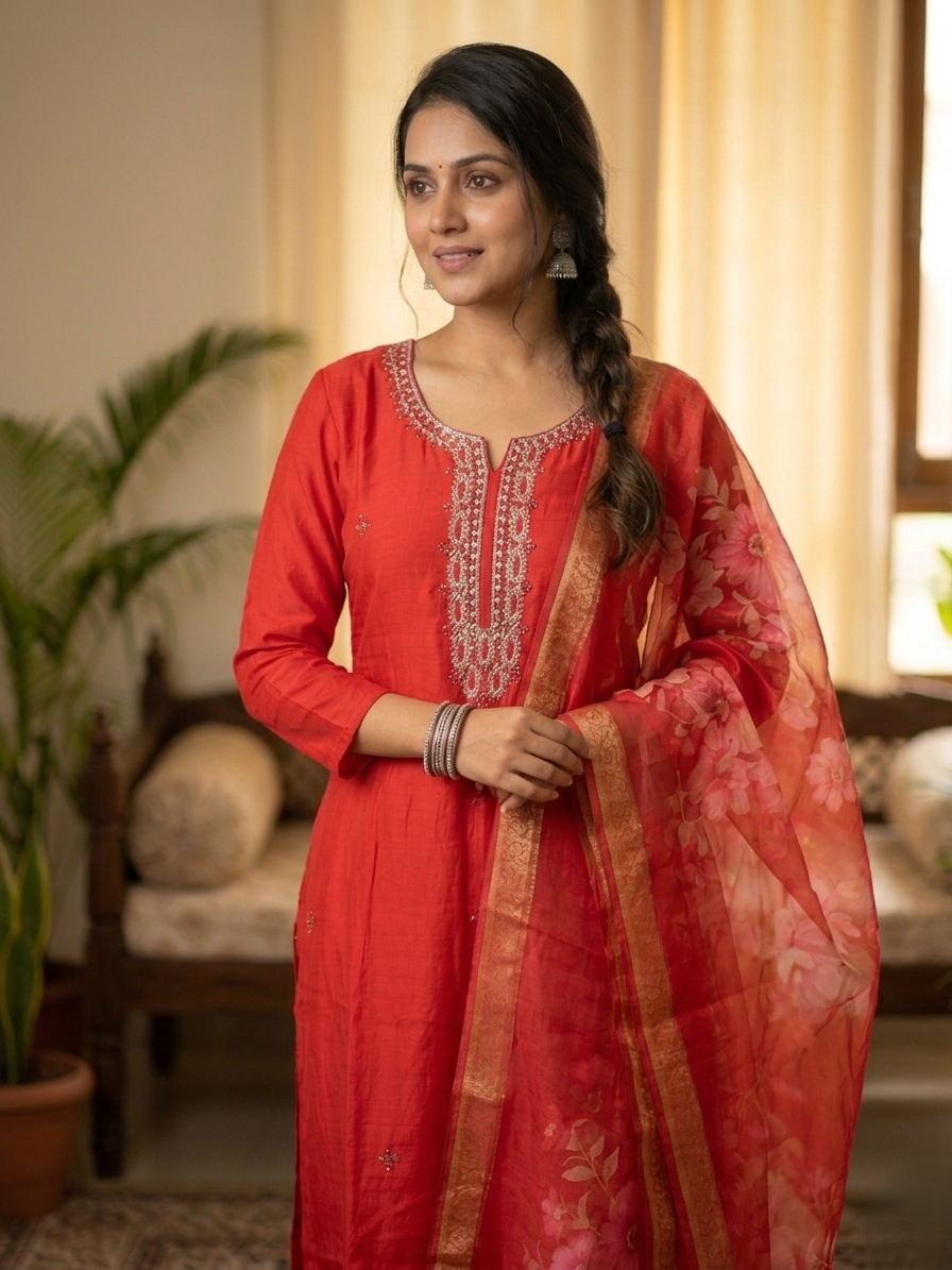 Red Modal Silk Hand-Embroidered Kurta Set with Organza Dupatta and Side Pocket
