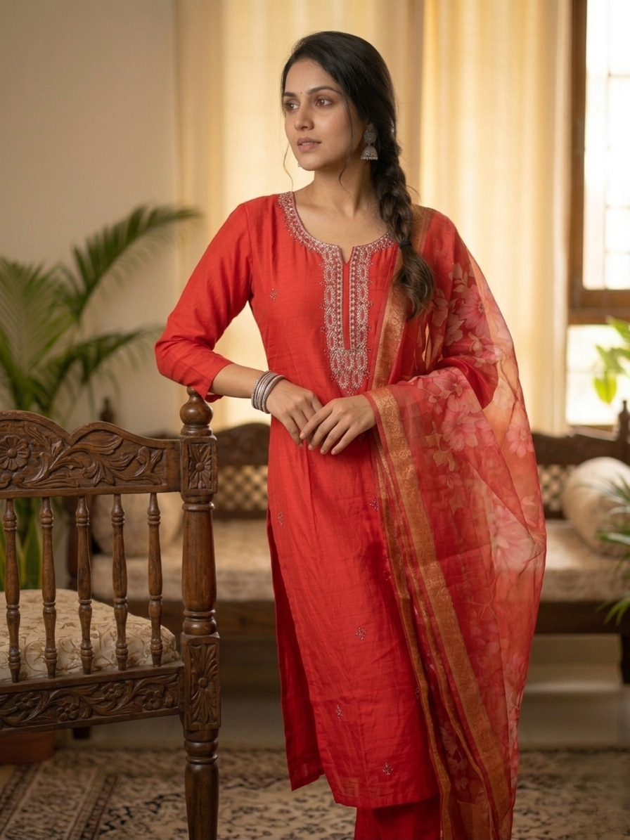 Red Modal Silk Hand-Embroidered Kurta Set with Organza Dupatta and Side Pocket