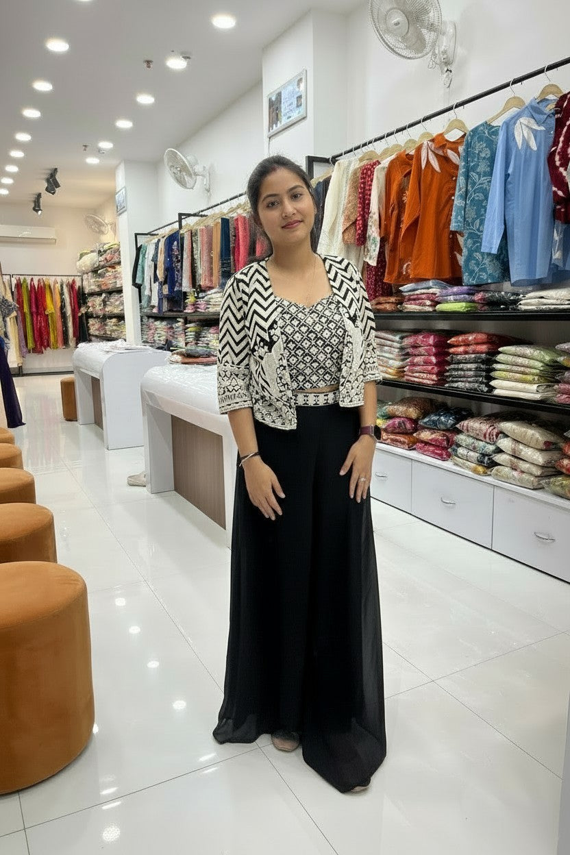 Black & White Printed Indo-Western Co-ord Set with Jacket – Free Size