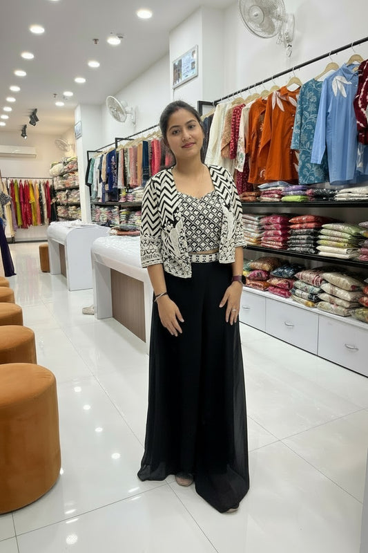 Black & White Printed Indo-Western Co-ord Set with Jacket – Free Size