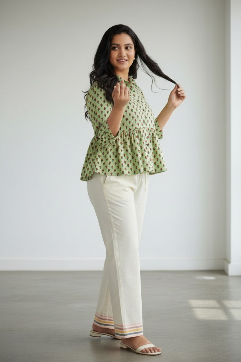 Green Printed Peplum Kurti with Collar Neck –XXXL