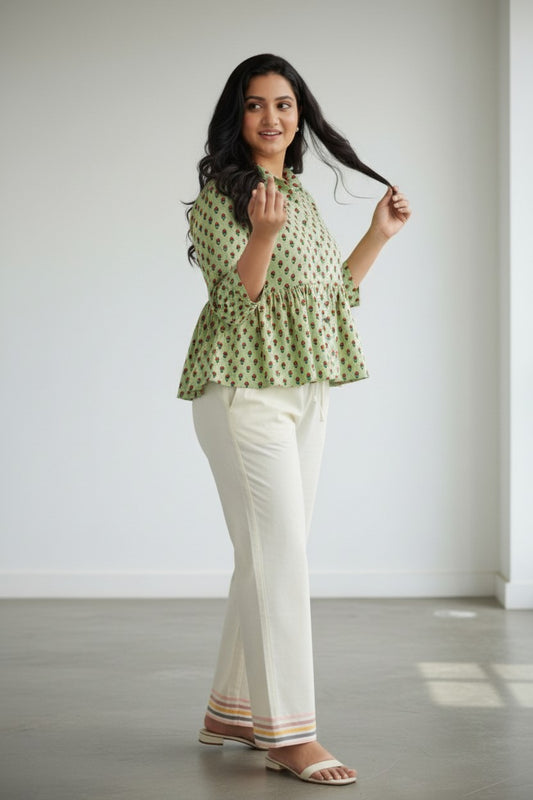 Green Printed Peplum Kurti with Collar Neck –XXXL