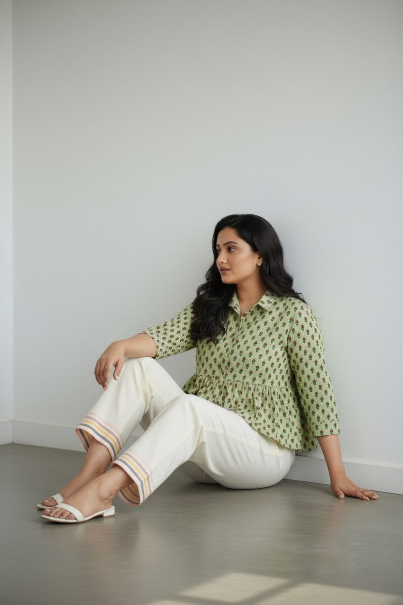 Green Printed Peplum Kurti with Collar Neck –XXXL