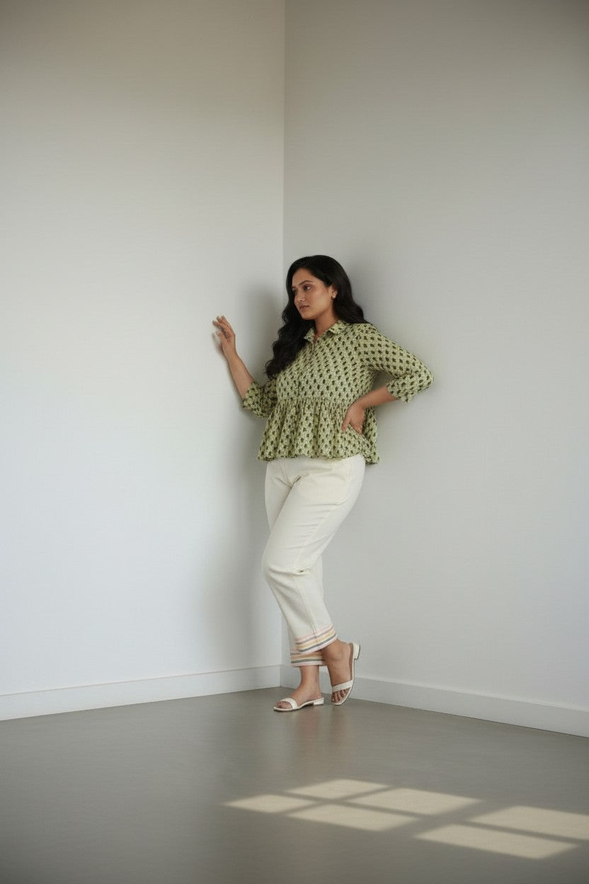 Green Printed Peplum Kurti with Collar Neck –XXXL