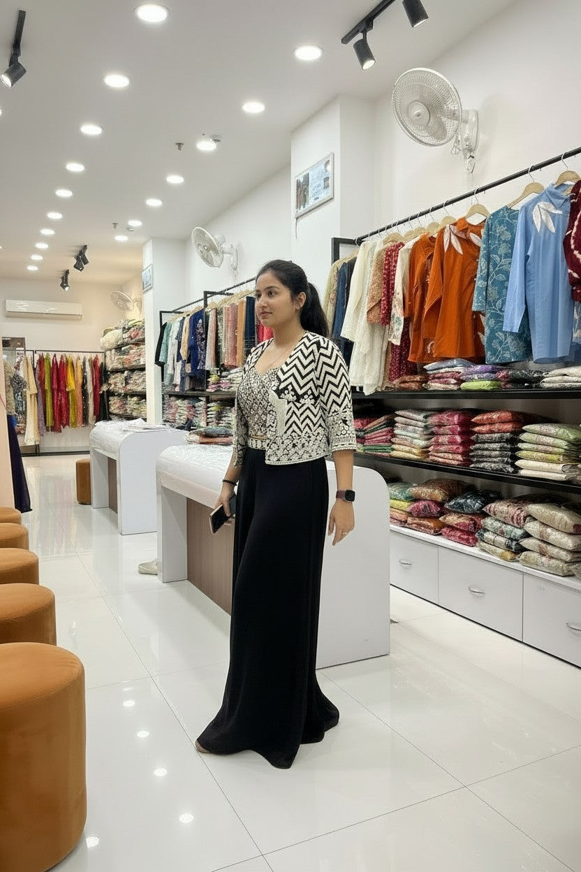 Black & White Printed Indo-Western Co-ord Set with Jacket – Free Size