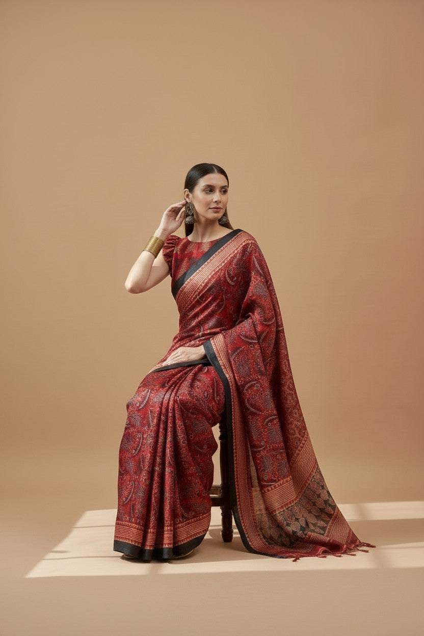 Elegant Maroon Printed Modal Satin Saree with Tassels – Festive Grace | RUDHVIKA By Ankita Fashions