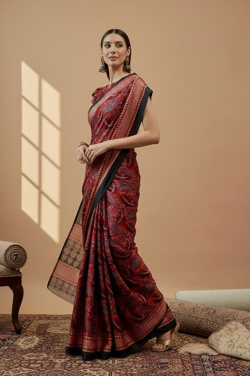 Elegant Maroon Printed Modal Satin Saree with Tassels – Festive Grace | RUDHVIKA By Ankita Fashions